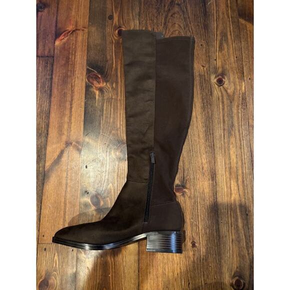 NWT Calvin Klein Womens Suede Over the Knee Boots Low Heel Brown Zip Stretch 8 - Picture 1 of 6